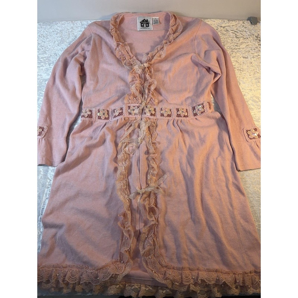 Vintage Storybook Knits Cardigan Women M Pink Lace Sequin Pearl Coquette Duster